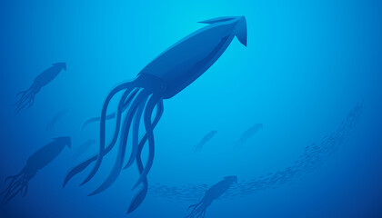 Vector illustration of underwater world scene with coral reefs and giant squids in the deep blue ocean .