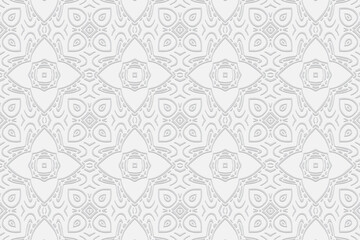 Volumetric convex white background. Ethnic African, Mexican, Native American style. 3D relief ornament. Geometric curly wallpaper for design and decor.