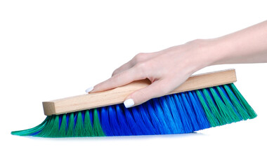 Wooden cleaning brush in hand on white background isolation