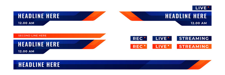 Graphic set of Broadcast News Lower Thirds Banner for Television, Video and Media Channel. Modern, simple, clean style. Vector isolated bar illustration.