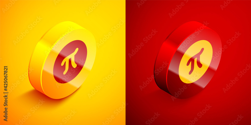 Poster isometric pi symbol icon isolated on orange and red background. circle button. vector