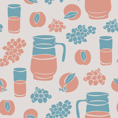 Vector seamless pattern with pitcher and fruits. Jug with juice with ripe grapes and peaches.