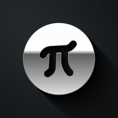 Silver Pi symbol icon isolated on black background. Long shadow style. Vector