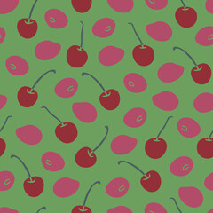 Vector seamless pattern with ripe cherries on green background. Ripe fruits design.