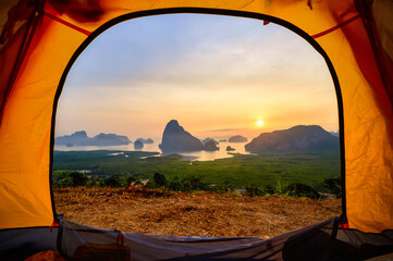 Samed Nangchee viewpoint looking through tent in sunrise time, Phangnga, Thailand
