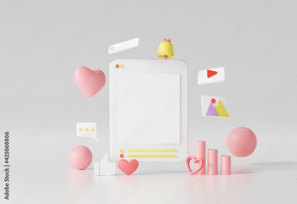 Poster digital marketing social media online concept with show photo and playing video, chat, like, comment