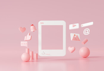 3D background Digital marketing Social media online concept with show photo frame and playing video, chat, like, comment on platform Easy to communicate digitally minimal style