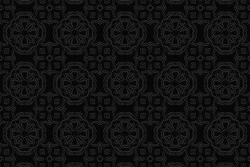 Volumetric convex black background. Ethnic African, Mexican, Native American style. 3D relief ornament. Geometric wallpaper with a pattern of flowers for design and decor.