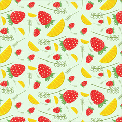 vector pattern with strawberry berries and orange slices on a light green background