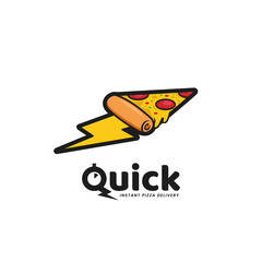 Quick pizza delivery logo, fast food instant pizza restaurant logo with lightning speed slice of pizza icon illustration in cartoon style