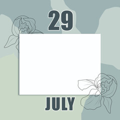 july 29. 29-th day of the month, calendar date.A clean white sheet on an abstract gray-green background with an outline of iris flowers. Copy space, Summer month, day of the year concept