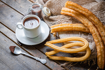 churros typical of Spain. Porras. typical food of Madrid.churro with chocolate