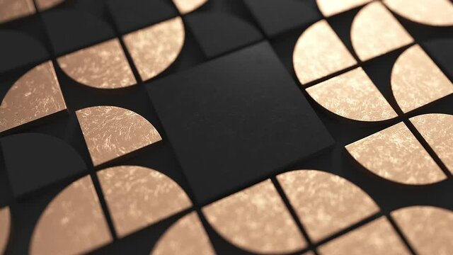 Modern dark background with swiss styled semicircular black and golden 3d elements changing pattern. Minimal dark background with shallow DOF.