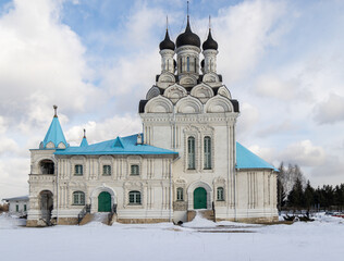 Annunciation church in Tayninskoe, Mytischi, Moscow region, Russia. Spring, cloudy sky. Traditional russian orthodox church.
