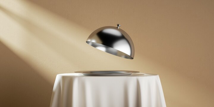 3d render. Abstract restaurant dish presentation. Metallic platter with opened lid, is placed on the table with the white tablecloth, isolated on beige background