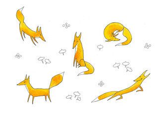 Obraz na płótnie Canvas Isolated images of a cute cartoon yellow fox in various funny poses. The pattern is complemented by the black outlines of stylized mushrooms and flowers.