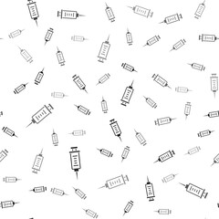 Black Syringe icon isolated seamless pattern on white background. Syringe for vaccine, vaccination, injection, flu shot. Medical equipment. Vector