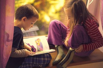 Dzieci czytają książkę przy oknie - obrazy, fototapety, plakaty