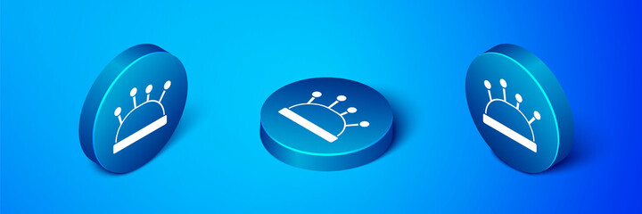 Isometric Needle bed and needles icon isolated on blue background. Handmade and sewing theme. Blue circle button. Vector