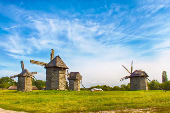 View of old rustic wooden windmills in Pyrohiv, Ukraine