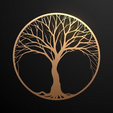 Gold tree silhouette in circle icon