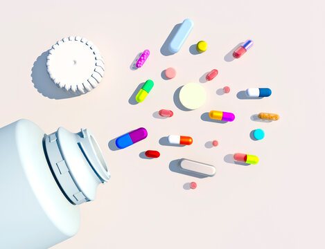 Assorted pharmaceutical medicine pills, tablets, capsules. White medicine bottle. Copy space for text on a white background. Pills, various medicines, on prescription. 3d render
