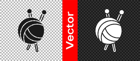 Black Yarn ball with knitting needles icon isolated on transparent background. Label for hand made, knitting or tailor shop. Vector