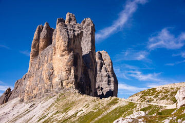 Tre cime di Lavaredo mountain peaks in Italy, a famous travel destination in Dolomite mountains