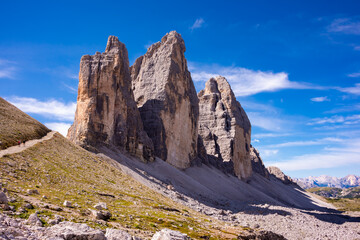 Tre cime di Lavaredo mountain peaks in Italy, a famous travel destination in Dolomite mountains