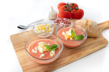 Salmorejo, cold tomato soup typical of Spanish cuisine. Tomato soup with boiled egg and Serrano ham, typical of Andalusian cuisine. Food photography