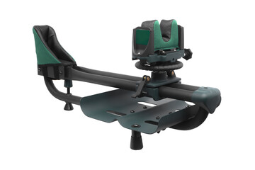 Rig for sighting weapons. Shooting rest for sighting in any rifle or shotgun. Adjustable ambidextrous recoil reducing rifle shooting rest for outdoor range. Isolate on a white back
