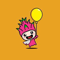 cute dragon fruit flying with a balloon