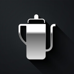 Silver Traditional Chinese tea ceremony icon isolated on black background. Teapot with cup. Long shadow style. Vector