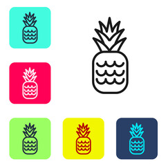 Black line Pineapple tropical fruit icon isolated on white background. Set icons in color square buttons. Vector