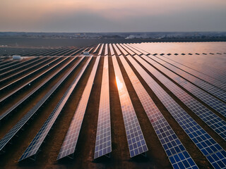 Aerial drone view into large solar panels at a solar farm at bright sunset. Solar cell power plants.