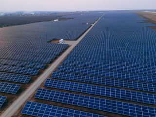 Aerial drone view into large solar panels at a solar farm at bright sunset. Solar cell power plants.