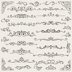  set of calligraphic design elements and page decorations. Elegant collection of hand drawn swirls and curls for your design. Isolated on beige background - obrazy, fototapety, plakaty