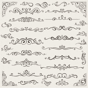  set of calligraphic design elements and page decorations. Elegant collection of hand drawn swirls and curls for your design. Isolated on beige background