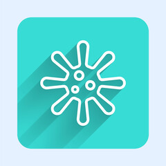 White line Bacteria icon isolated with long shadow. Bacteria and germs, microorganism disease causing, cell cancer, microbe, virus, fungi. Green square button. Vector
