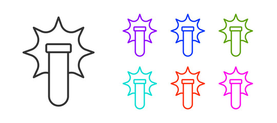 Black line Chemical experiment, explosion in the flask icon isolated on white background. Chemical explosion in a test tube. Set icons colorful. Vector