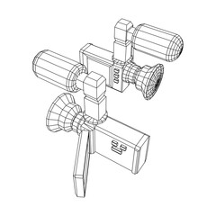 Digital video hand-held camera with rotating screen and external microphone. Wireframe low poly mesh vector illustration.
