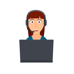 Support service. Operator with headphones and microphone and laptop, vector illustration