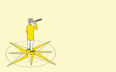 望遠鏡をのぞくビジネスマン、羅針盤と矢印の背景、ベクターイラストレーション © tiquitaca