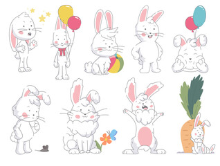 Obraz na płótnie Canvas Set of funny cute collor bunny in in different pose isolated on white background. Rebbit standing, seated, lies with color balloon, carrot, butterfly, and flowers