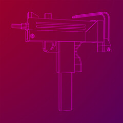 Submachine gun modern firearms pistol. Wireframe low poly mesh vector illustration.