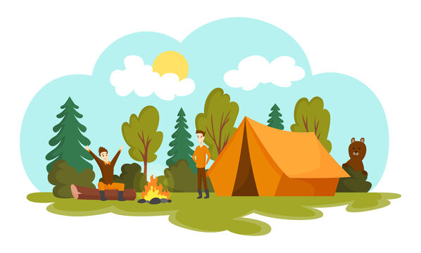 Camping illustration with summer forest cartoon style. Men rest in forest with campfire. Camping Tent.  illustration