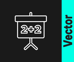 White line Chalkboard icon isolated on black background. School Blackboard sign. Vector