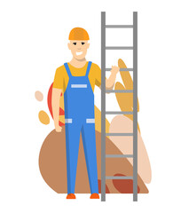 Foreman or worker for building construction.  isolated character. Man wearing uniform and using ladder for her job