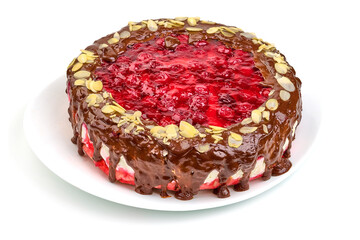 Cheesecake with jelly and chocolate, isolated on white background