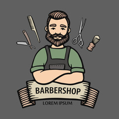 Barbershop logo. Hand-drawn hipster dude with mustache, beard with ribbon and scissors, comb, shaving brush, razor. Man barber with arms crossed in an apron. Vector line logo. Sticker, logo, Emblem.